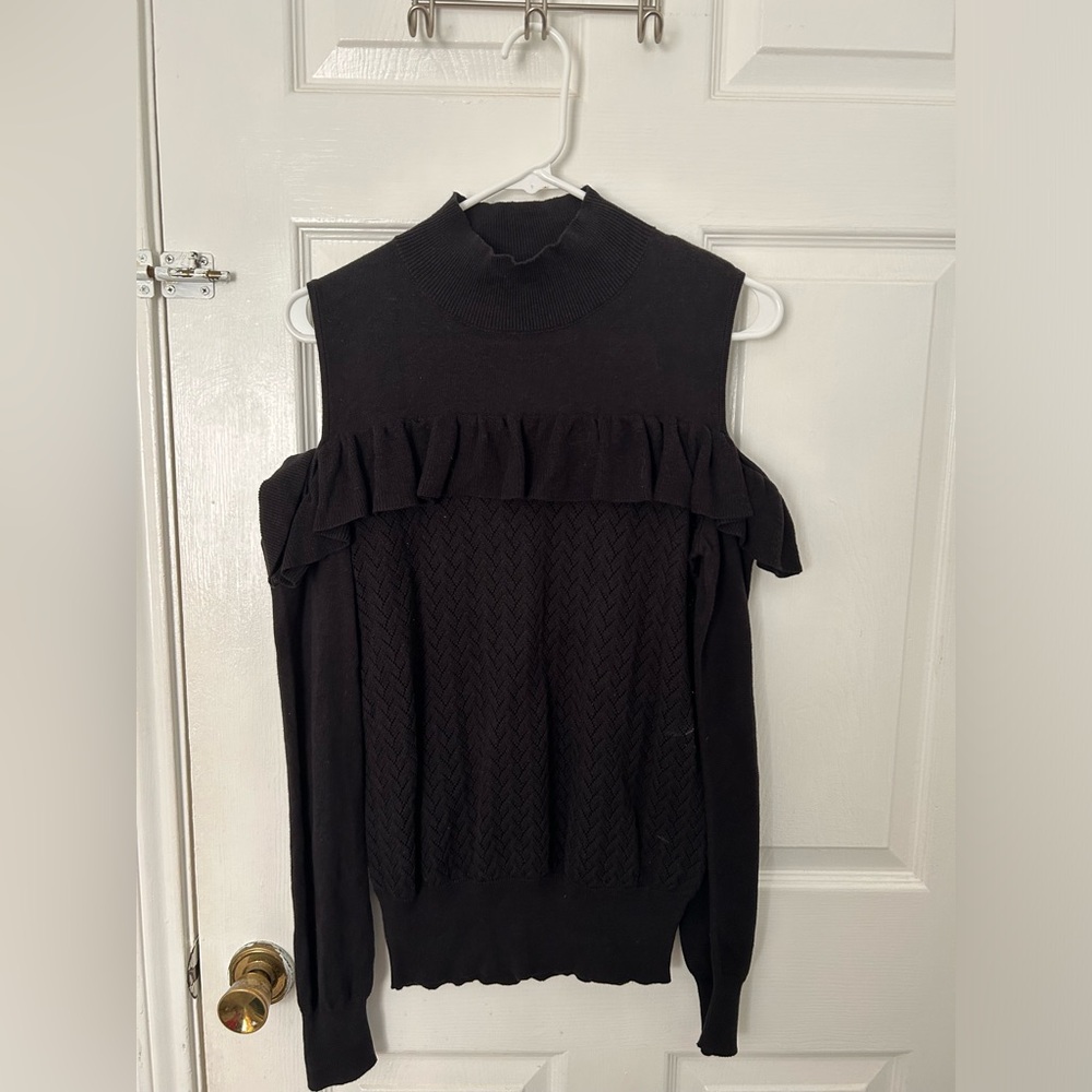 Buckle Black Off-Shoulder Ruffle Mock Neck Sweater